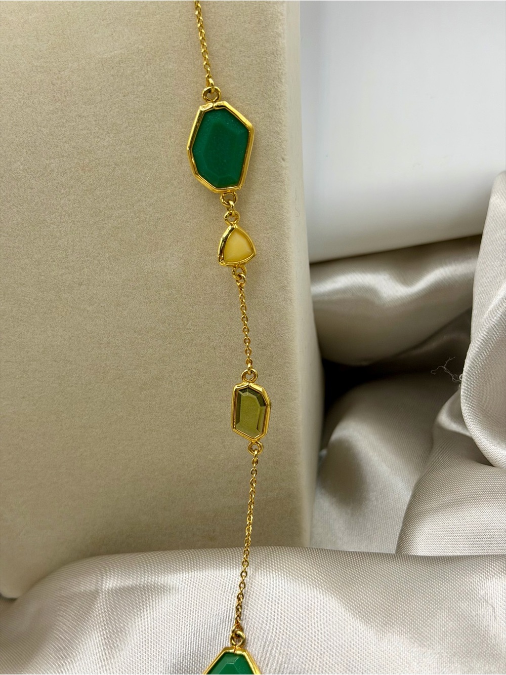 Long Gold Chain Necklace with Green Gem Accents - Women Jewelry - Picture 4 of 6